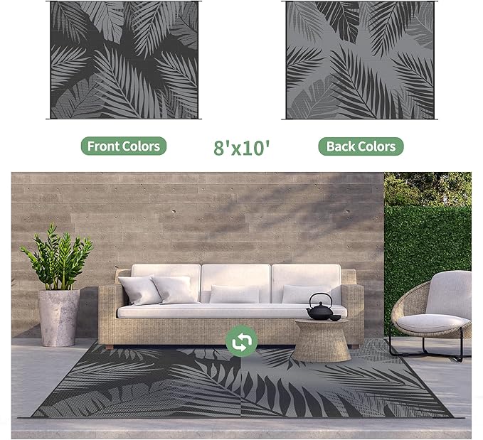 GENIMO Outdoor Rug 8' x 10' Waterproof for Patios Clearance, Reversible Outdoor Plastic Straw Camping Rug Carpet, Large Area Rugs Mats for RV, Camper, Deck, Balcony, Porch, Beach, Picnic, Black&Grey-HomvellaHome