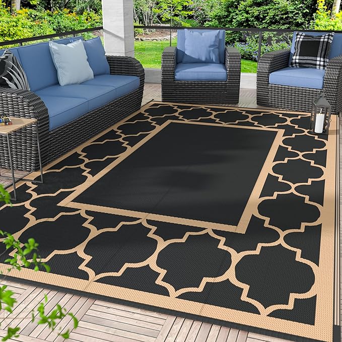 GENIMO 4 ' x 6 ' Outdoor Rug for Patio Clearance, Waterproof Indoor Outdoor Plastic Straw Rugs Carpet, Reversible Outside Area Rv Mat for Camping, Balcony Porch, Deck, Picnic, Beach (Black & Brown)-HomvellaHome