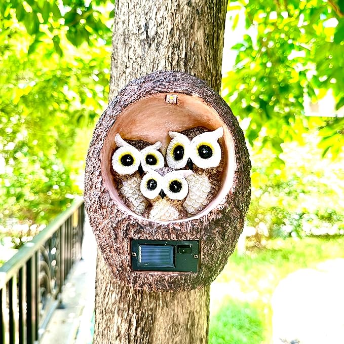 Garden Owl Family Tree Hugger Statue Solar Powered Outdoor Wall Mounted Figurine Light Resin Sculpture Home Decoration Housewarming Ornament Unique Gift-HomvellaHome