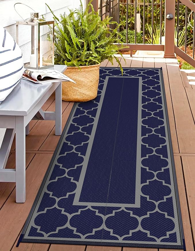 GENIMO 2.5 ' x 8 ' Outdoor Rug for Porch Patio Clearance, Waterproof Indoor Outdoor Plastic Straw Rugs Carpet, Reversible Outside Area Rv Mat for Camping, Balcony, Deck, Picnic, Beach (Blue & Gray)-HomvellaHome