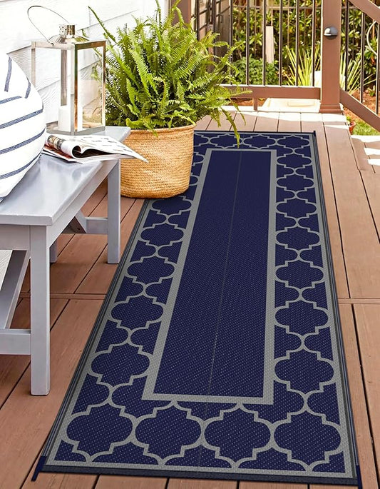 GENIMO 2.5 ' x 8 ' Outdoor Rug for Porch Patio Clearance, Waterproof Indoor Outdoor Plastic Straw Rugs Carpet, Reversible Outside Area Rv Mat for Camping, Balcony, Deck, Picnic, Beach (Blue & Gray)-HomvellaHome
