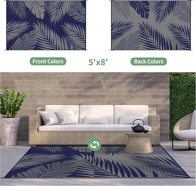 GENIMO Outdoor Rug 5' x 8' Waterproof for Patios Clearance, Reversible Outdoor Plastic Straw Camping Rug Carpet, Large Area Rugs Mats for RV, Picnic, Backyard, Deck, Balcony, Porch, Beach, Blue&Grey-HomvellaHome