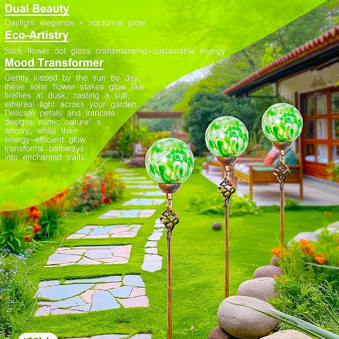 Garden Solar Lights, Decorative LED Honeycomb Glass Ball Garden Stake, Glass and Metal Outdoor Decoration, 4 x 31 Inch (Green)-HomvellaHome