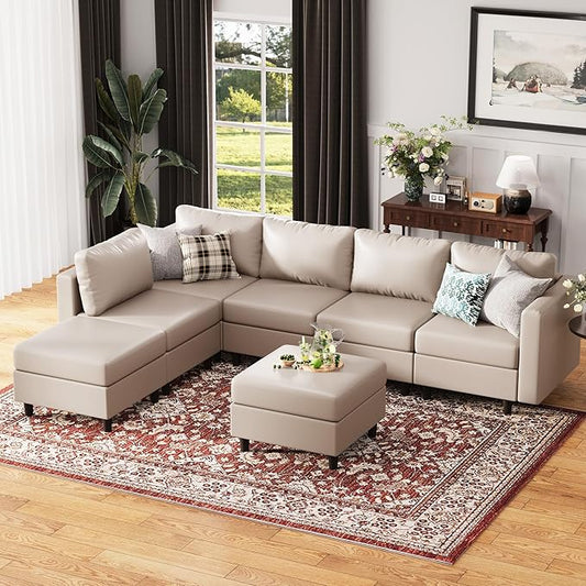 118.5" Faux Leather Modular Sectional Sofa, L Shaped Couch Set for Living Room, 7-Seater Comfy Cloud Couches with Storage Seat Whitesand-HomvellaHome