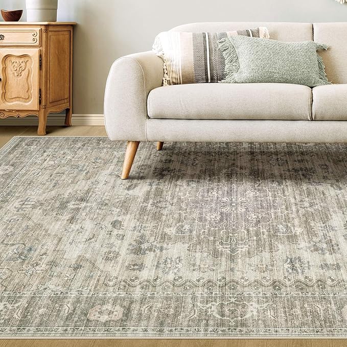 Washable Area Rugs for Living Room - 5x7 Neutral Vintage Distressed Floral Farmhouse Boho Large Soft Floor Rug Indoor Non Slip Carpet for Living Room Bedroom Dining Room Office - Brown/Tan-HomvellaHome