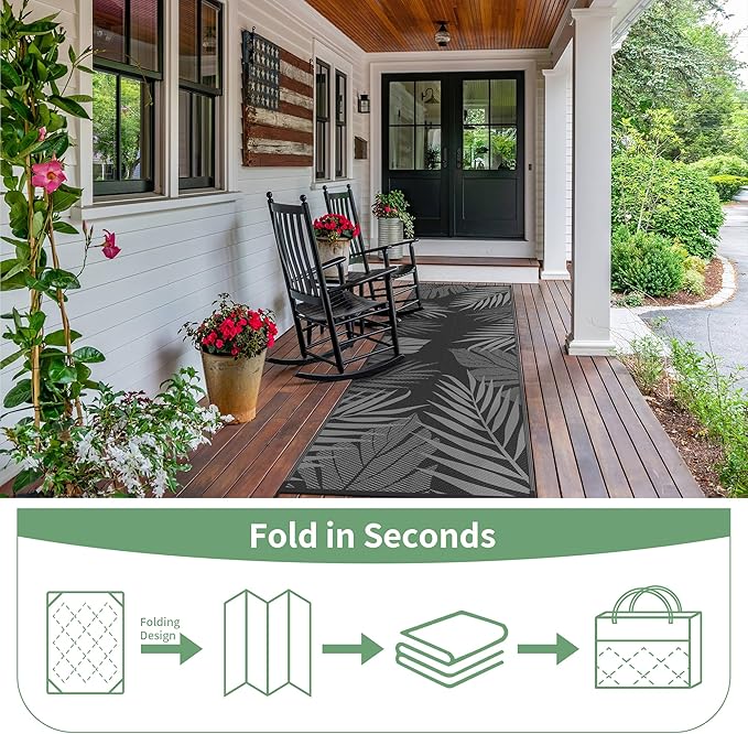 GENIMO Outdoor Rug 2.5' x 8' Waterproof for Patios Clearance, Reversible Outdoor Plastic Straw Camping Rug Carpet, Large Area Rugs Mats for RV, Camper, Deck, Balcony, Porch, Beach, Picnic, Black&Grey-HomvellaHome