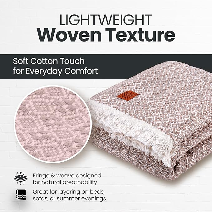 Gold Case Throw Blanket for Bed – 100% Recycled Turkish Cotton Bed Blanket – Decorative Throw Cotton Blankets for Living Room & Bedroom – Woven Twin Blankets - 71x90 - Beige-HomvellaHome