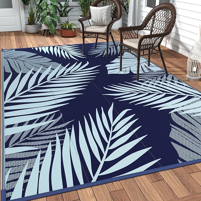 GENIMO Outdoor Rug 5' x 8' Waterproof for Patios Clearance, Reversible Outdoor Plastic Straw Camping Rug Carpet, Large Area Rugs Mats for RV, Camper, Deck, Balcony, Porch, Beach, Navy Blue&Baby Blue-HomvellaHome