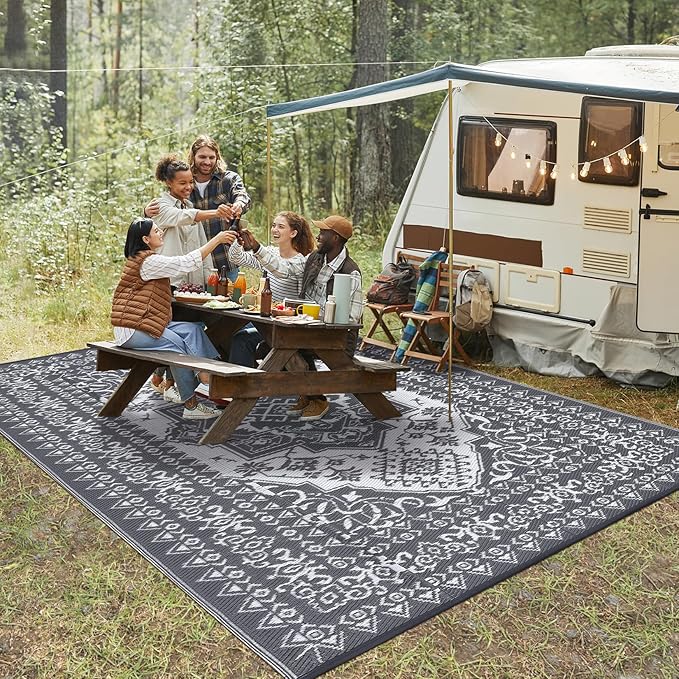 GAOMON Outdoor Patio Rug 9x12 Waterproof Reversible Plastic Straw Rug, Large UV-Resistant Portable RV Camping Mats, Indoor Outdoor Rugs for Outside Deck Porch Garden RV, Gray & White-HomvellaHome