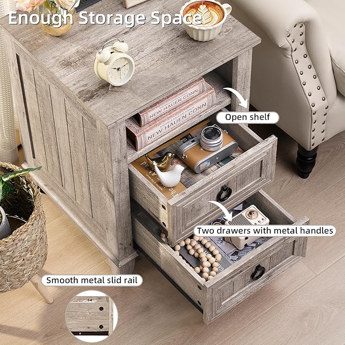 18" Farmhouse Night Stand with Charging Station, 2 Drawers End Table Dresser for Bedroom, Oak Wooden Nightstand, Bed Side Table with Open Shelf, Bedside Cabinet for Living Room, Closet-HomvellaHome