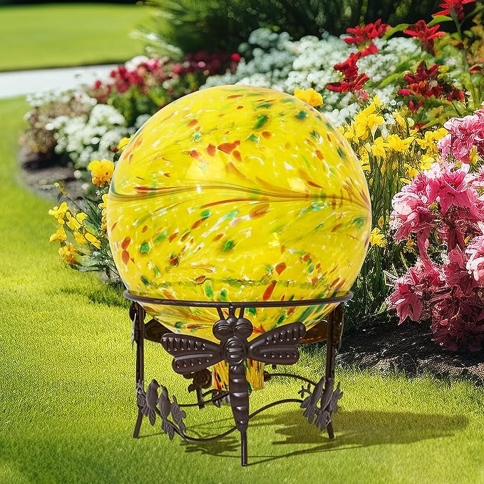 Gazing Ball 10 inch Colorful Glass Gazing Ball for Garden Decor, Indoor Outdoor Glass Gazing Globe Yard Decoration, Yellow-HomvellaHome