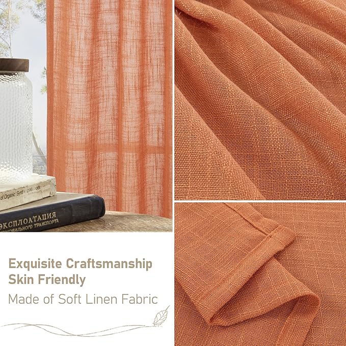 LAMIT Burnt Orange Linen Curtains 95 Inch Length 2 Panels, Linen Textured Light Filtering Drapes for Living Room/Bedroom Country Semi Sheer Window Treatments with Bronze Grommet, 52 x 95 Inch-HomvellaHome