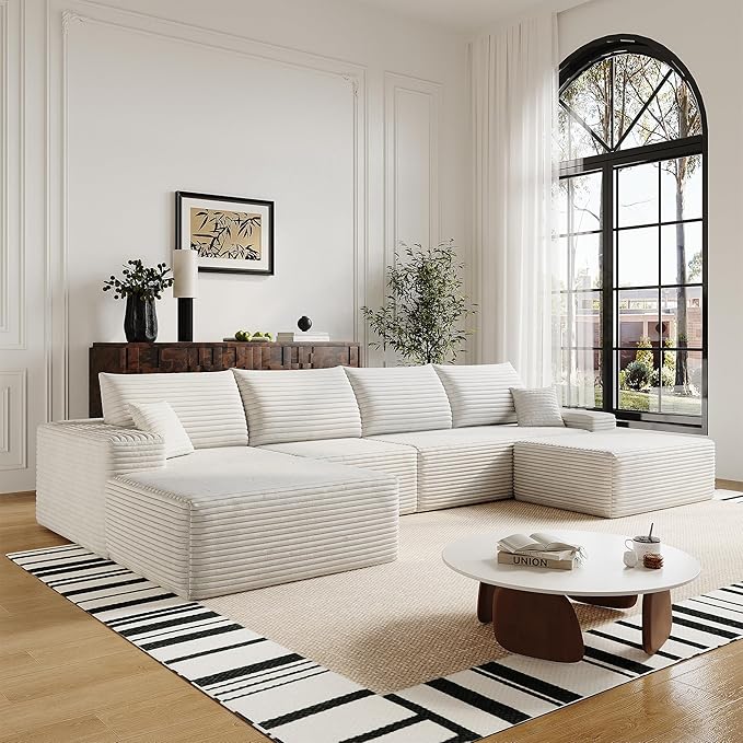 136" Sectional Couches for Living Room Modern Modular Sofa with L-Shape Couchs Upholstered Boneless Couch Deep Seat Sectional Couch with Chaise (White, Left Facing Chaise+3Seaters+Ottoman)-HomvellaHome