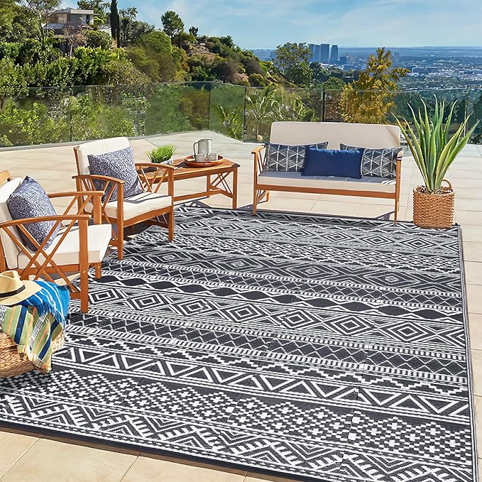 GAOMON Outdoor Rug Waterproof 8'x10', Reversible Outdoor Plastic Straw Rug, Boho Patio Rug, Indoor Outdoor Carpet, RV Mat Outside for Patio, Camp, Picnic, Balcony, Deck, Grey/White(Bohemia)-HomvellaHome