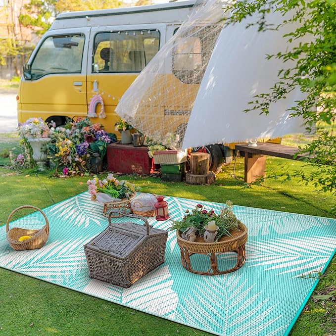 GENIMO Outdoor Rug 6' x 9' Waterproof for Patios Clearance, Reversible Outdoor Plastic Straw Camping Rug Carpet, Large Area Rugs Mats for RV, Camper, Deck, Balcony, Porch, Beach, Aqua Blue&White-HomvellaHome