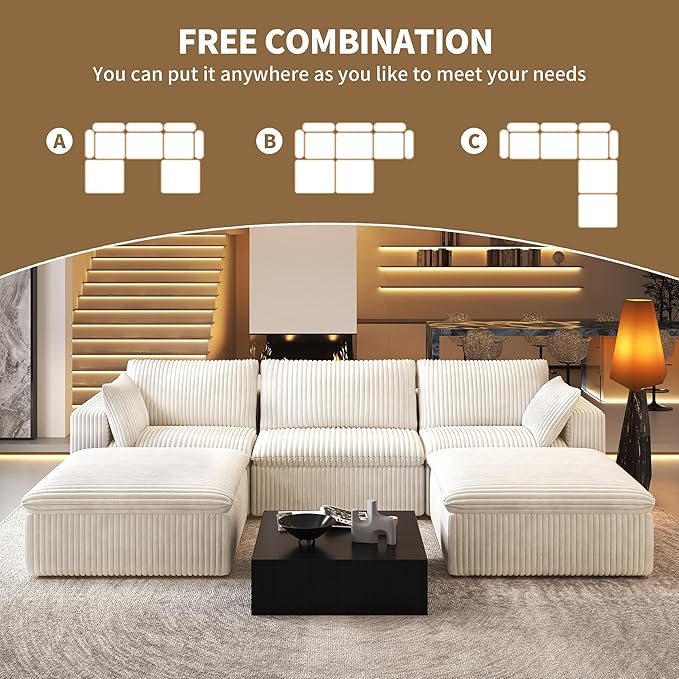 118" U Shaped Modern Sofa Modular Sectional Cloud Couch with 2 Ottoman,Upholstered Couches with Corduroy Fabric for Living Room Furniture,Bedroom and Apartment,No Assembly Required,White-HomvellaHome