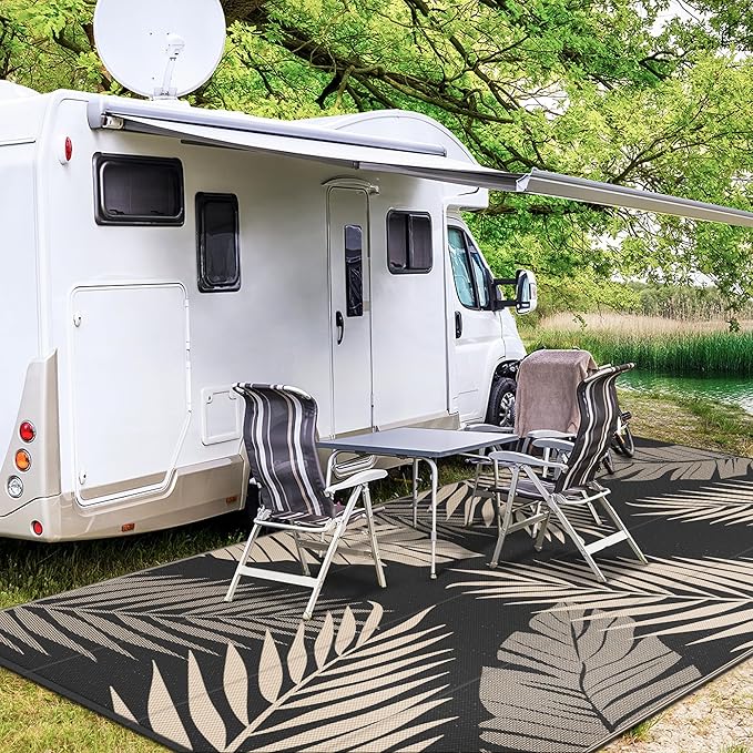 GENIMO Outdoor Rug 10' x 14' Waterproof for Patios Clearance, Reversible Outdoor Plastic Straw Camping Rug Carpet, Large Area Rugs Mats for RV, Camper, Deck, Balcony, Porch, Beach, Picnic, Black&Beige-HomvellaHome