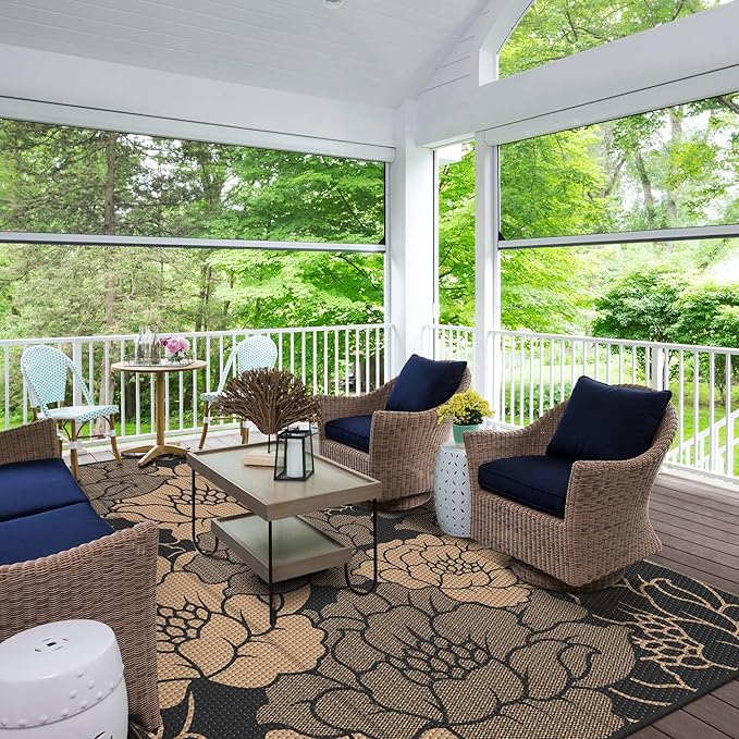 GENIMO Outdoor Rug Waterproof for Patio Decor, 8' x 10' Reversible Plastic Straw Floral Camping Carpet, Large Area Rugs Mats for RV, Camper, Deck, Balcony, Porch, Beach, Picnic, Mix-Black & Brown-HomvellaHome