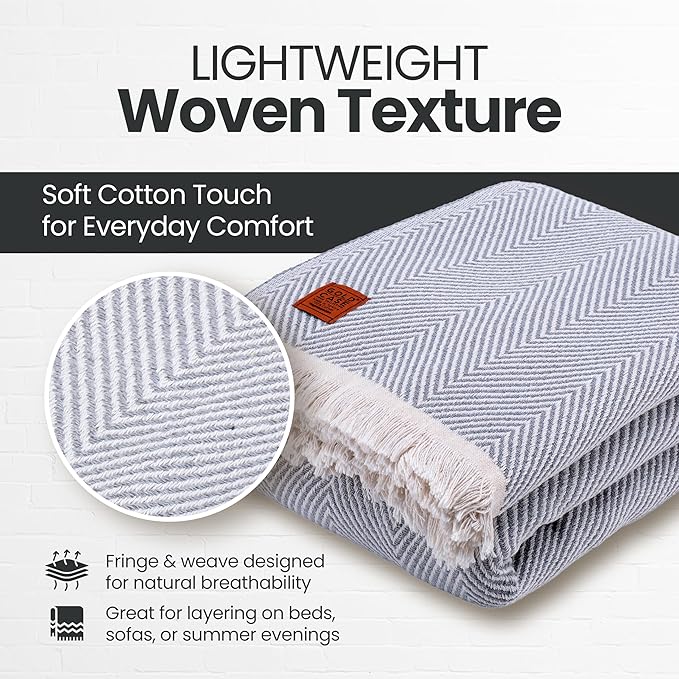 Gold Case Throw Blanket for Bed – 100% Recycled Turkish Cotton Bed Blanket – Decorative Throw Cotton Blankets for Living Room & Bedroom – Woven Twin Blankets - 71x90 - Elegant Grey-HomvellaHome