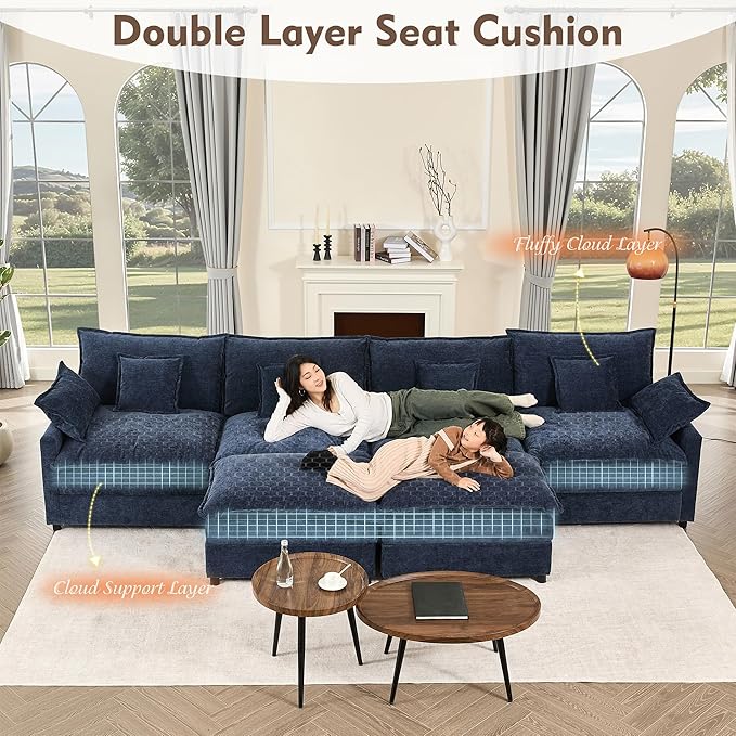 142.5" U Shaped Couch, Modular Sectional Sofa, 3-Seater Comfy Cloud Couch with Movable Ottoman, Deep Seat Couches for Living Room, Chenille, Navy-HomvellaHome