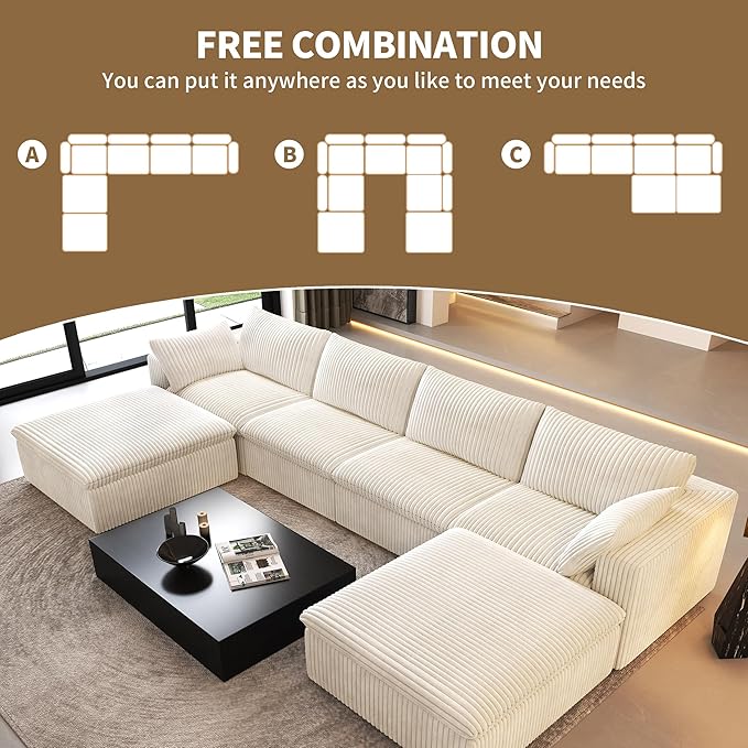 157.5" U Shaped Modern Sofa Modular Sectional Cloud Couch with 2 Ottoman,Deep Seat Upholstered Couches with Corduroy Fabric for Living Room Furniture,Bedroom and Apartment,No Assembly Required,White-HomvellaHome