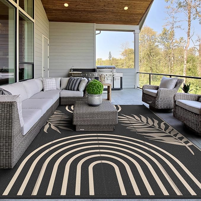 GENIMO Outdoor Rug 8' x 10' Waterproof for Patio Clearance, Reversible Lightweight Plastic Straw Camping Carpet, Large Area Rugs Mats for Rv, Backyard, Deck, Porch, Picnic, Balcony, Mix-Black & Beige-HomvellaHome