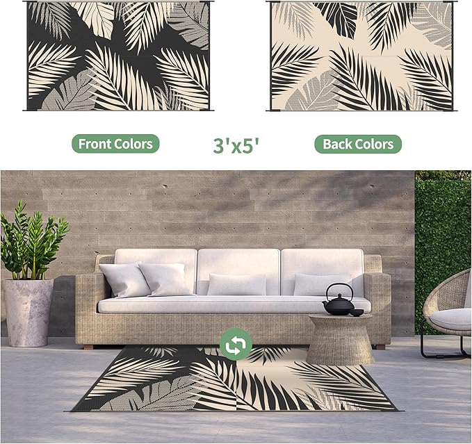 GENIMO Outdoor Rug 3' x 5' Waterproof for Patios Clearance, Reversible Outdoor Plastic Straw Camping Rug Carpet, Large Area Rugs Mats for RV, Camper, Deck, Balcony, Porch, Beach, Picnic, Black&Beige-HomvellaHome