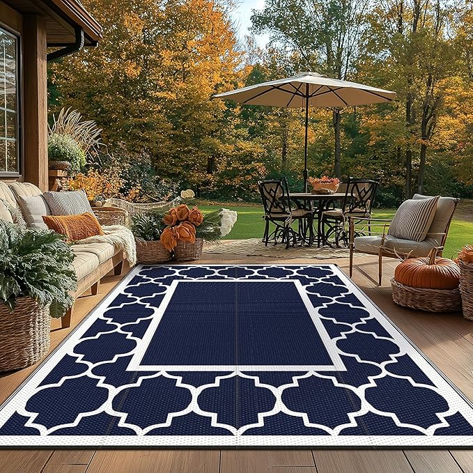 GENIMO 6' x 9' Outdoor Rug Waterproof for Patio Fall Decor, Foldable Reversible Plastic Straw Area Rugs Mat for Camper, Outside Carpet for Rv, Deck, Porch, Picnic, Beach, Balcony, Blue & Grey-HomvellaHome