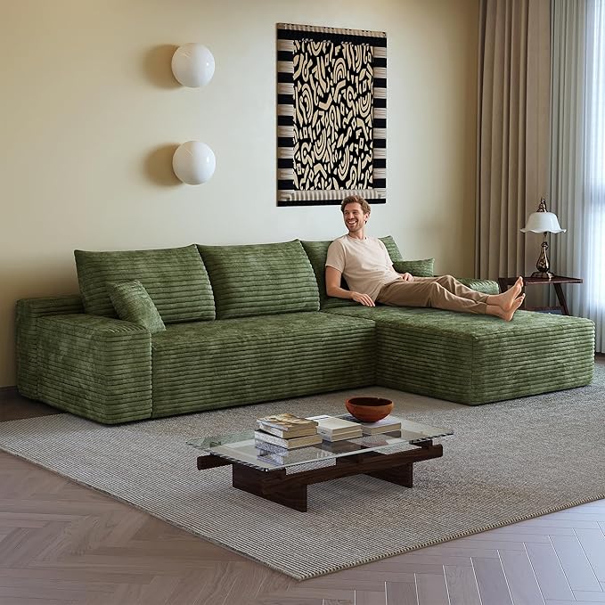 108" Sectional Couches for Living Room Modern Modular Sofa with L-Shape Couchs Upholstered Boneless Couch Deep Seat Sectional Couch with Chaise (Green, Right Facing Chaise+2Seaters)-HomvellaHome
