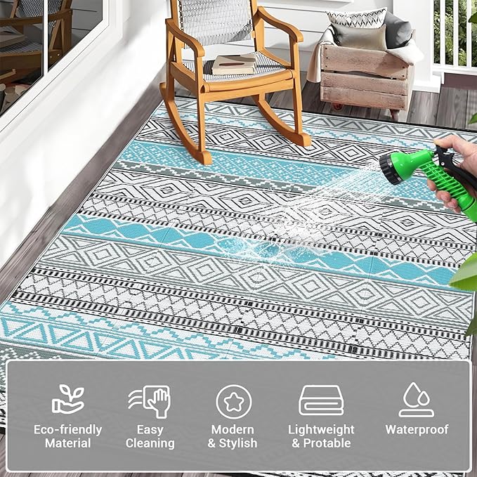 GAOMON Outdoor Rug 9'x12' Waterproof Rug for Patio Decor, Foldable Reversible Plastic Straw Area Rugs Mat for Camper, Outside Carpet for Deck, Porch, Picnic, Beach, Blue/Grey(Bohemia)-HomvellaHome