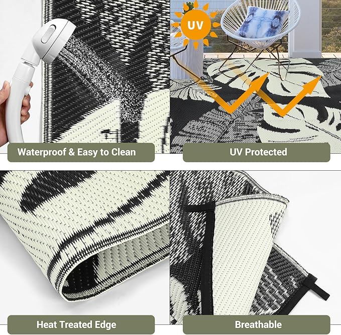 GAOMON Outdoor Rug Waterproof 9x18 Patio Rug Reversible Camping Mat, Foldable Portable Outdoor Plastic Straw Rugs RV Picnic Carpet with Bag & 4 Stakes, UV Resistant Outside Carpet for Deck Balcony-HomvellaHome