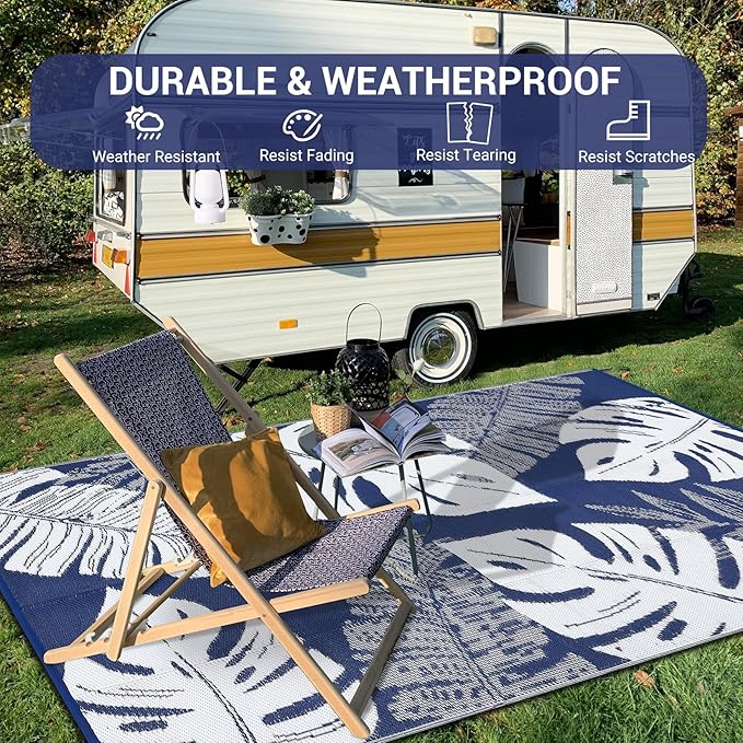 GAOMON Patio Rugs Outdoor 8x10 Waterproof Reversible Plastic Straw Rug Modern Patio Carpet, Foldable Lightweight RV Camping Mat with Portable Bag & 4 Stakes, UV Resistant & Sturdy for Picnic, Blue-HomvellaHome