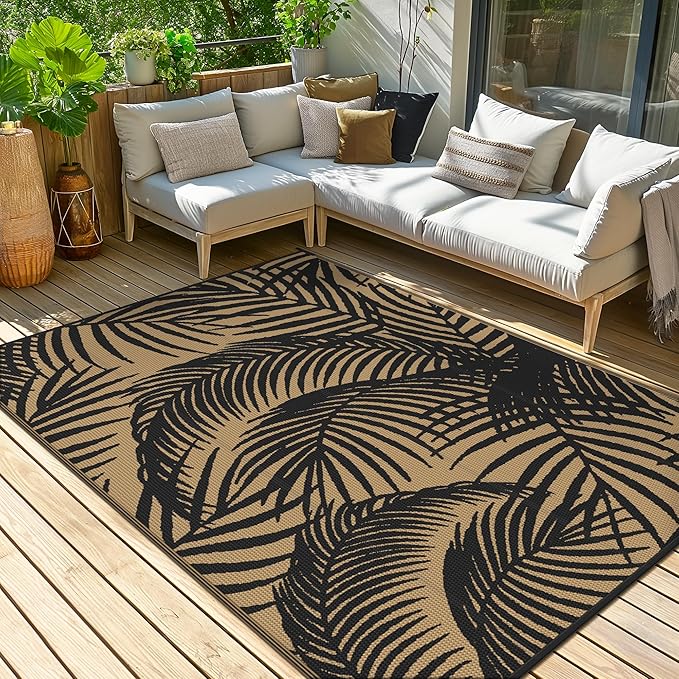 GENIMO Outdoor Rug 5' x 8' Waterproof for Patio Clearance, Reversible Plastic Straw Camping Carpet, Lightweight Mats for Rv, Backyard, Deck, Porch, Picnic, Beach, Balcony, Black & Brown-HomvellaHome