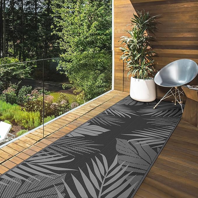 GENIMO Outdoor Rug 2.5' x 8' Waterproof for Patios Clearance, Reversible Outdoor Plastic Straw Camping Rug Carpet, Large Area Rugs Mats for RV, Camper, Deck, Balcony, Porch, Beach, Picnic, Black&Grey-HomvellaHome