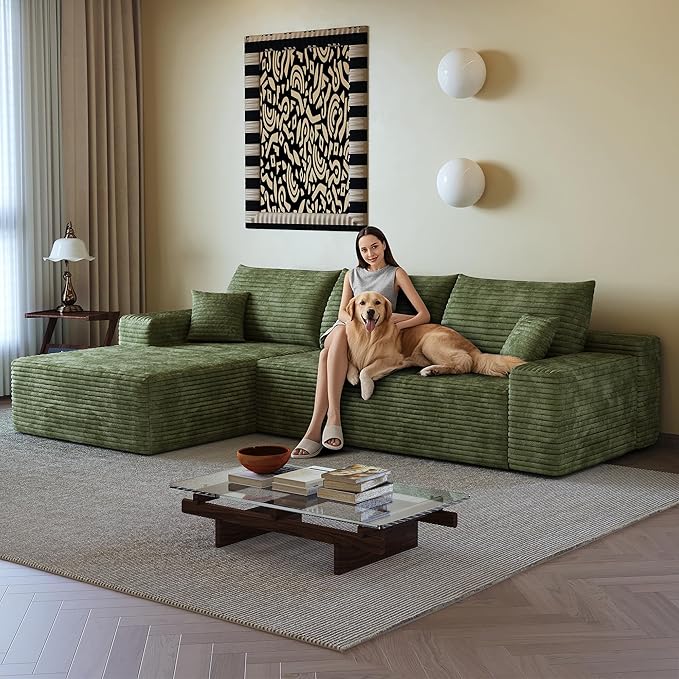 108" Sectional Couches for Living Room Modern Modular Sofa with L-Shape Couchs Upholstered Boneless Couch Deep Seat Sectional Couch with Chaise (Green, Left Facing Chaise+2Seaters)-HomvellaHome