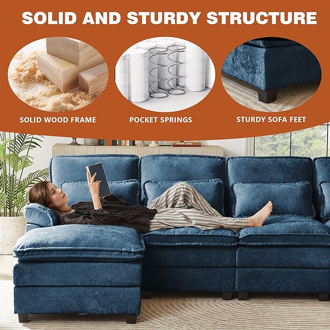 113" Oversized Cloud Couch, U Shape Sectional 4 Seat Sofa with Double Chaises, 2 Layer Cusions, Deep Seat Comfy Sofa, Upholstery Chenille Fabric for Living Room, Blue-HomvellaHome