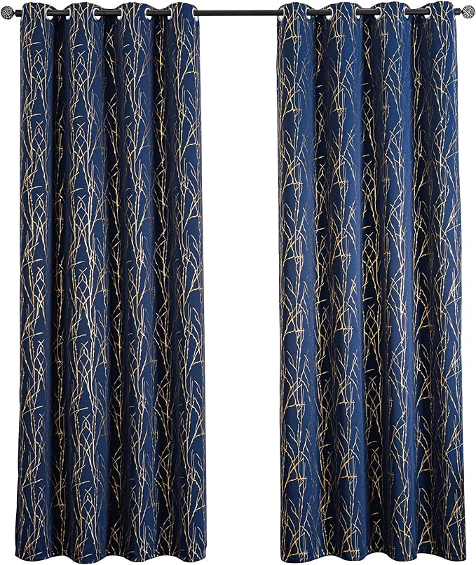 Grommets Blackout Long Window Curtains Navy Blue Gold-52W*84L 2PCS Drapes for Bedroom-HomvellaHome