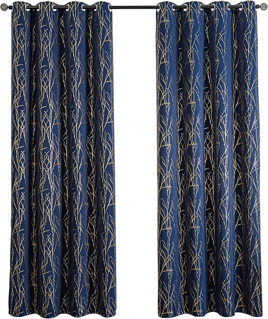 Grommets Blackout Long Window Curtains Navy Blue Gold-52W*84L 2PCS Drapes for Bedroom-HomvellaHome