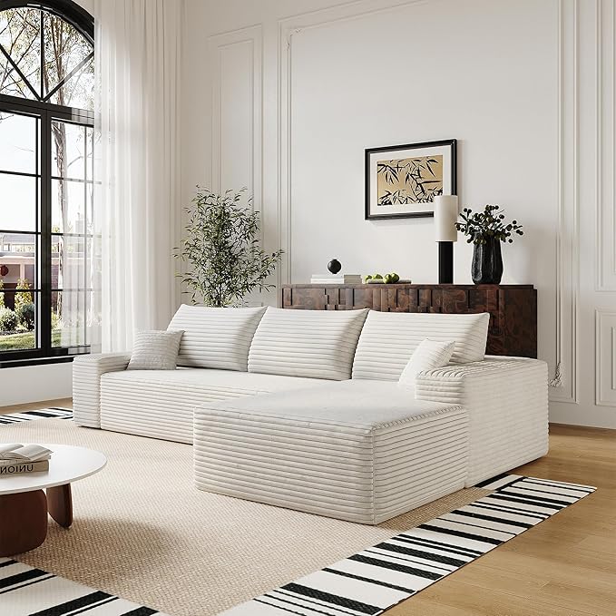 108" Sectional Couches for Living Room Modern Modular Sofa with L-Shape Couchs Upholstered Boneless Couch Deep Seat Sectional Couch with Chaise (White, Right Facing Chaise+2Seaters)-HomvellaHome