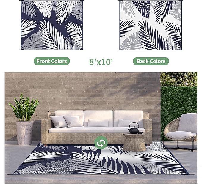 GENIMO Outdoor Rug 8' x 10' Waterproof for Patios Clearance, Reversible Outdoor Plastic Straw Camping Rug Carpet, Large Area Rugs Mats for RV, Camper, Deck, Balcony, Porch, Beach, Navy Blue&White-HomvellaHome