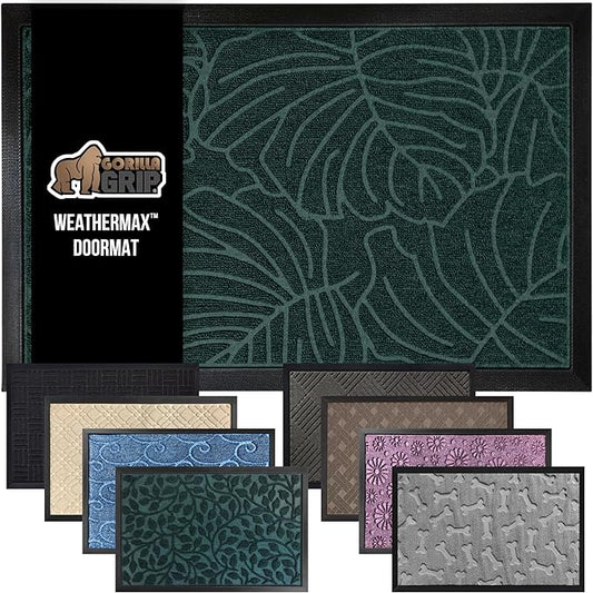 GORILLA GRIP 100% Waterproof All-Season WeatherMax Doormat 35x23, US Designed Natural Rubber, Stain and Fade Resistant, Low Profile Indoor Outdoor Door Mats, Easy Clean Patio Mat, Green Palm-HomvellaHome