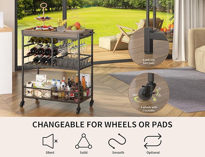Gizoon Rolling Bar Cart, a Versatile Beverage Cart with a Removable Tray, 12-Bottle Wine Rack, and Glass Holder, The Bar Cart is Perfect for Kitchen, Dining Room, or Outdoor Use (Gray)-HomvellaHome