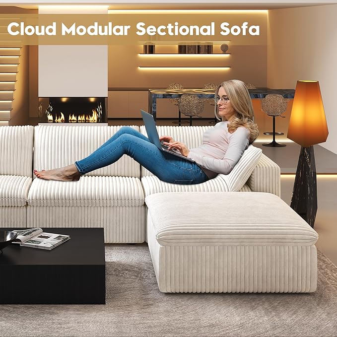 118" U Shaped Modern Sofa Modular Sectional Cloud Couch with 2 Ottoman,Upholstered Couches with Corduroy Fabric for Living Room Furniture,Bedroom and Apartment,No Assembly Required,White-HomvellaHome