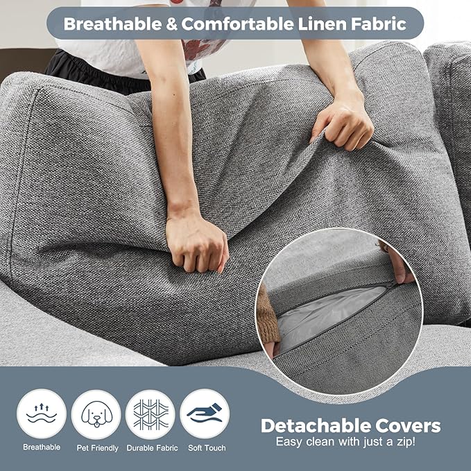 112" L Shaped Sectional Sofa with Detachable Sofa Cover, Reversible Sectional Modular Couch for Living Room, Linen Fabric Corner Couch with 7 Seats, Grey-HomvellaHome