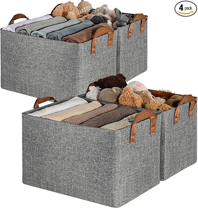 GRANNY SAYS Closet Storage Baskets, Collapsible Fabric Storage Bins with Metal Frame, Clothes Organizer Bins, Extra Large Baskets for Shelves, Gray, 4-Pack-HomvellaHome