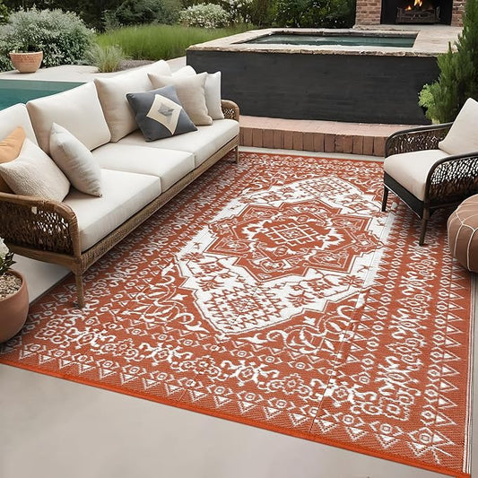 GAOMON Large Outdoor Plastic Straw Rug 10x14 Waterproof Patio Rug Reversible Foldable Portale Camping Mat with Stakes & Bag, Vintage Boho Outside Carpet for RV Garden Deck Porch, Orange Red-HomvellaHome