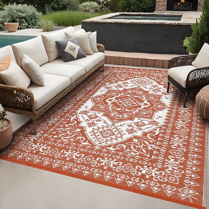 GAOMON Outdoor Rug for Patio 9x18 Waterproof Reversible Plastic Straw Rug, Large UV-Resistant Portable RV Camping Mats, Indoor Outdoor Medallion Carpet for Outside Deck Porch Garden, Red & White-HomvellaHome