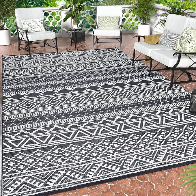 GAOMON Reversible Outdoor Rug 9'x18' Waterproof Plastic Straw Rug, Patio Rug, Large Modern Area Rug Carpet, Indoor Outdoor Rugs for Camping, Porch, Deck, Balcony, Backyard, Grey/White(Bohemia)-HomvellaHome