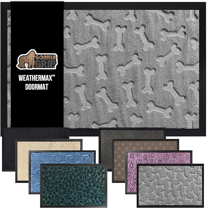 GORILLA GRIP 100% Waterproof All-Season WeatherMax Doormat, US Designed Natural Rubber, Stain and Fade Resistant, Low Profile Indoor Outdoor Door Mats, Easy Clean Patio Mat, 17x29, Light Gray Bones-HomvellaHome