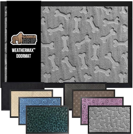 GORILLA GRIP 100% Waterproof All-Season WeatherMax Doormat 35x23, US Designed Natural Rubber, Stain and Fade Resistant, Low Profile Indoor Outdoor Door Mats, Easy Clean Patio Mat, Light Gray Bones-HomvellaHome